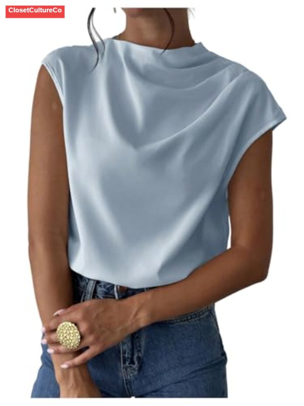 Women's Mock Neck Cap Sleeve Work Blouse Business Dressy Top